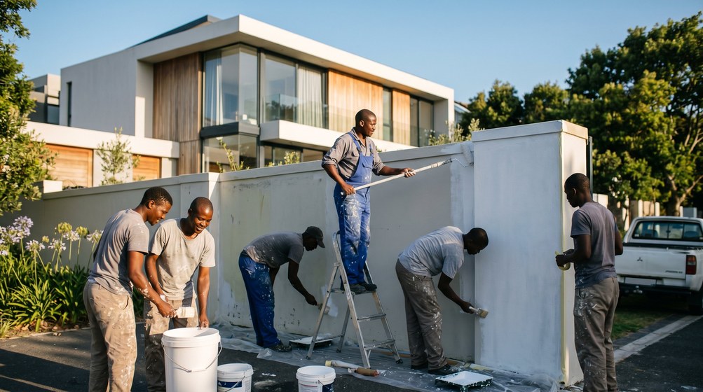 Professional team painting a boundary wall at a modern home in Parklands
