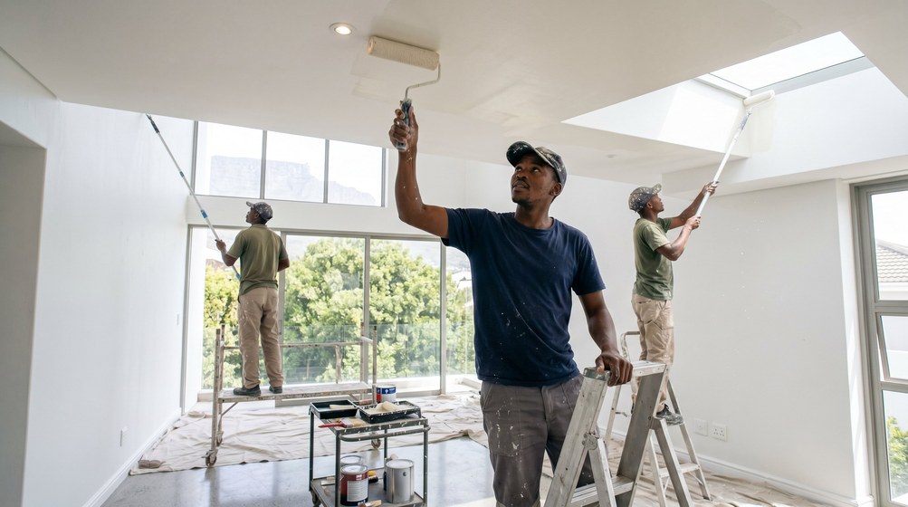 Professional ceiling painters rolling white paint onto a high ceiling in Parklands