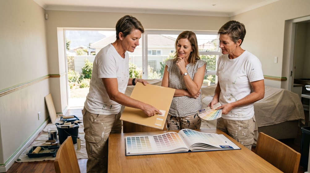 Professional colour consultant showing paint swatches to a homeowner in Parklands