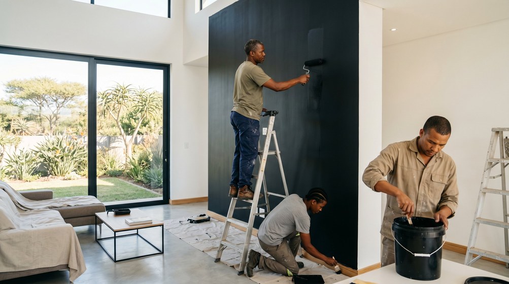 Professional painters creating a bold black feature wall in a modern Parklands home