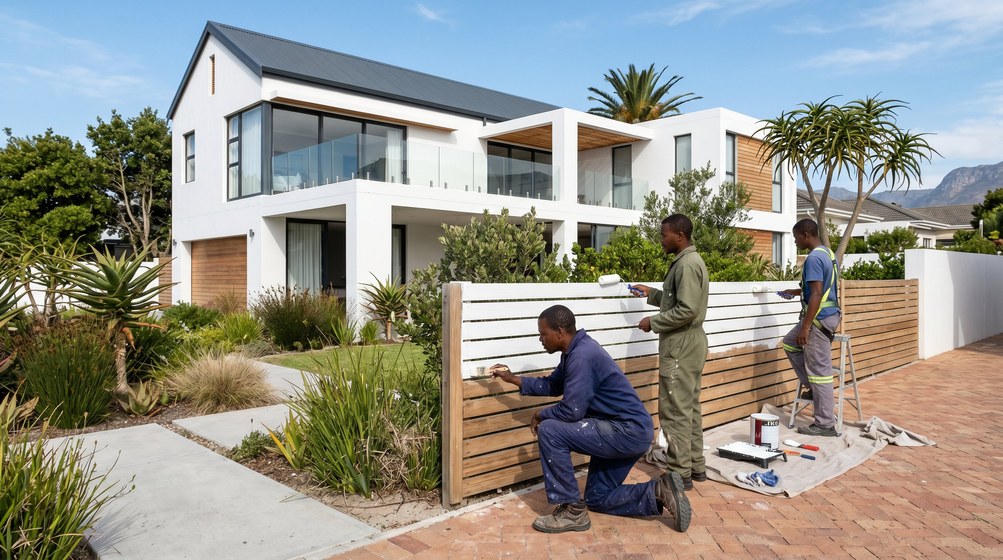 Professional fence painters painting a wooden fence at a coastal home in Parklands