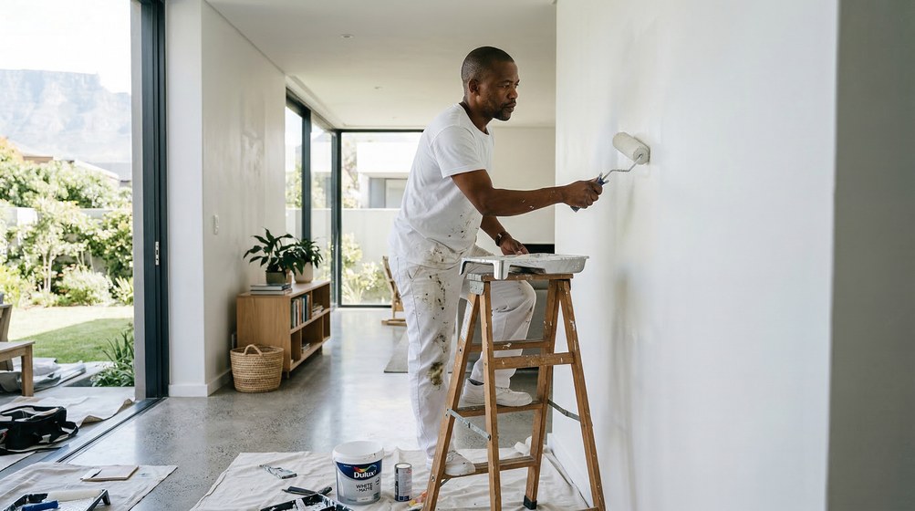 Professional interior painter in Parklands painting walls with a roller