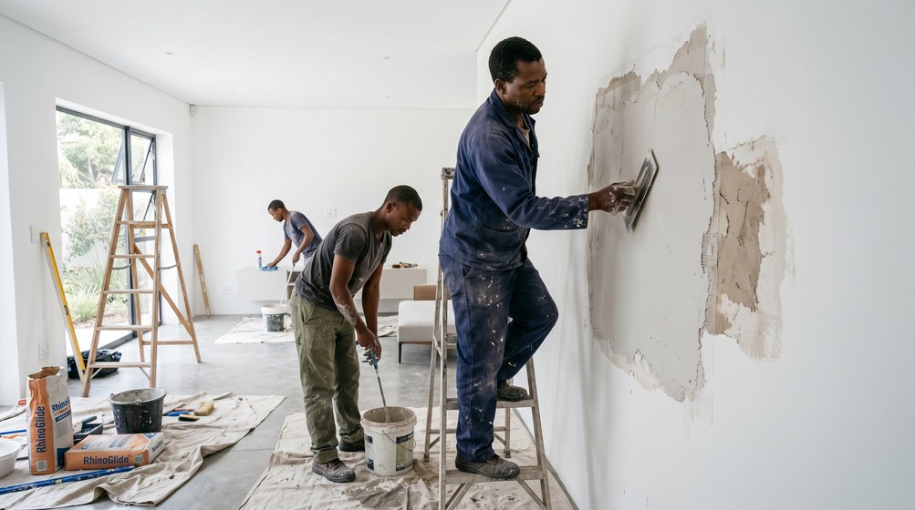 Professional plaster repair team skim coating damaged walls in Parklands