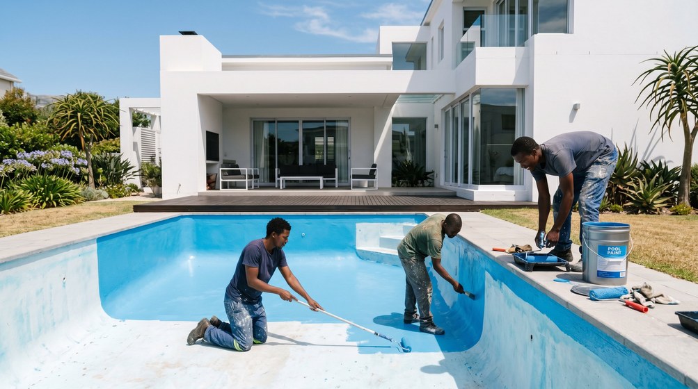 Professional pool painters applying blue pool paint to a swimming pool in Parklands