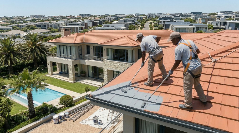 Professional roof painters applying waterproof coating to tiled roof in Parklands