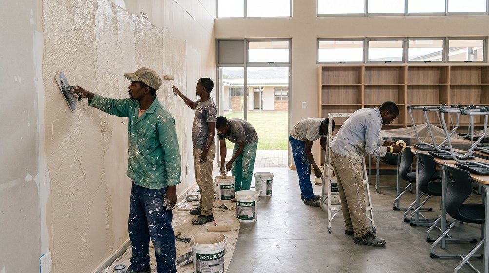 Professional texture coating team applying Texturcoat to interior walls in Parklands