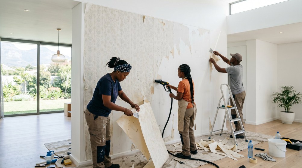 Professional wallpaper removal team stripping old wallpaper in a Parklands home