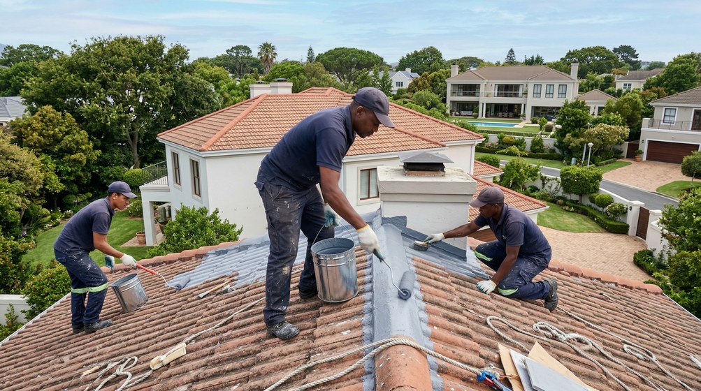 Professional waterproofing team applying membrane to roof in Parklands