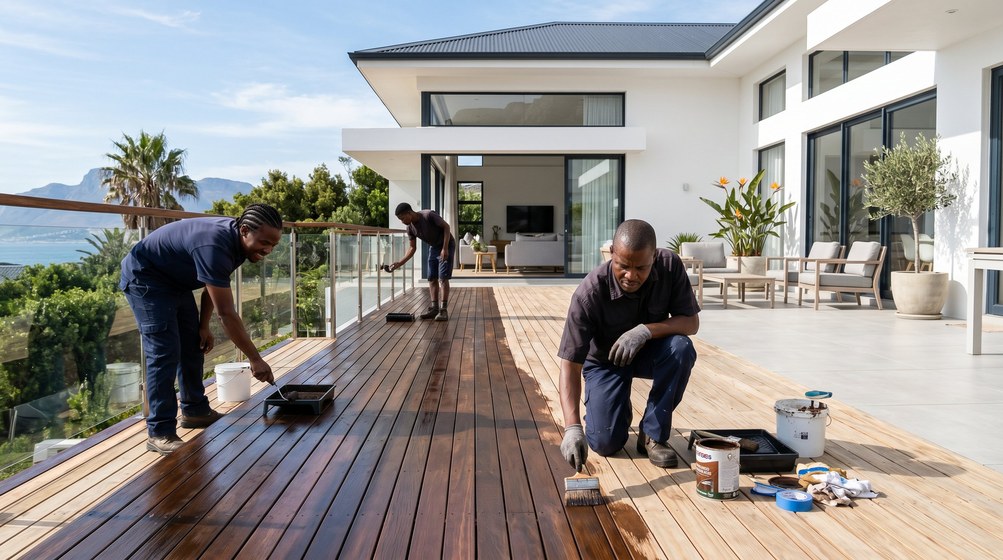 Professional wood staining team applying deck stain overlooking the ocean in Parklands